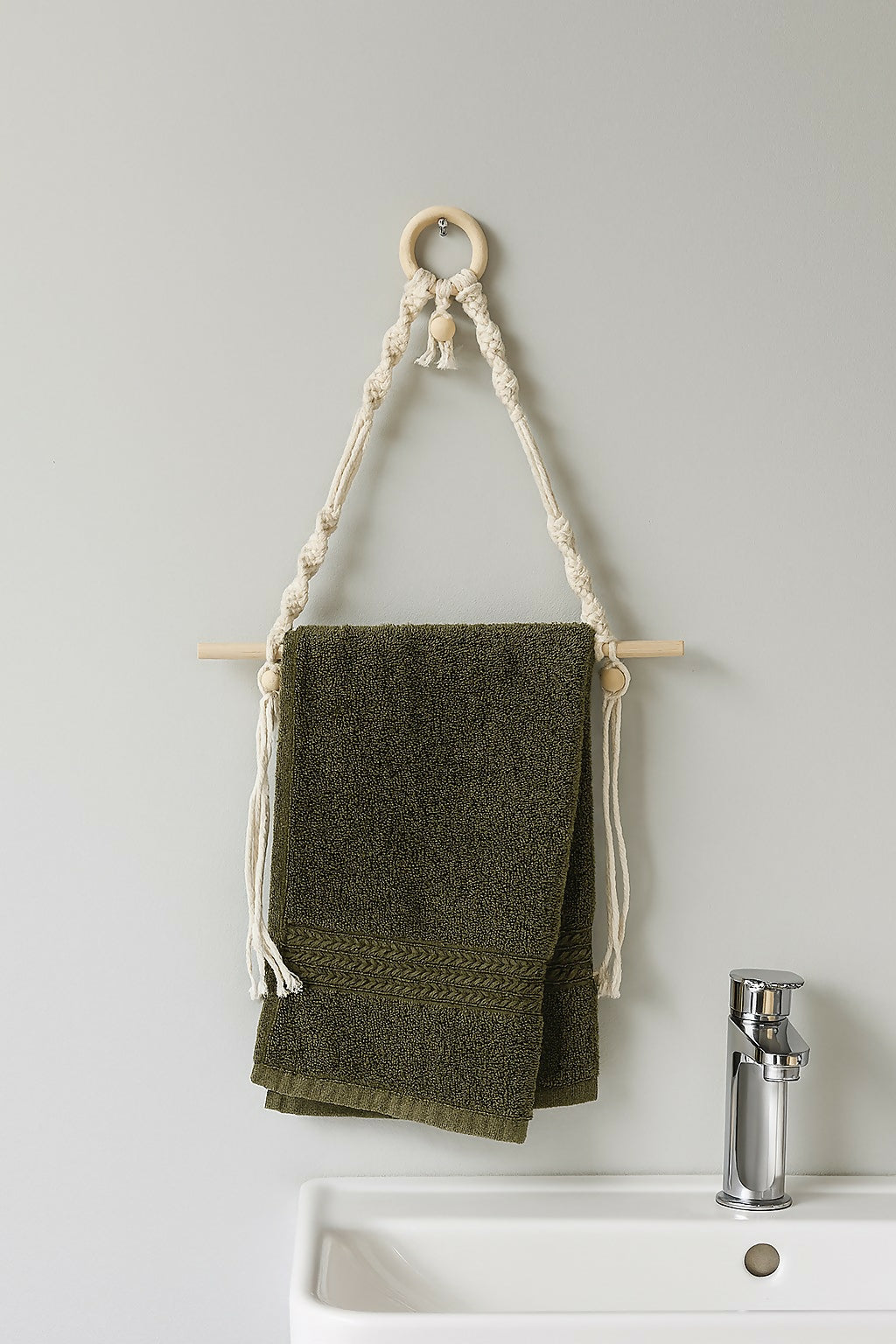 HOME DECOR Handmade Macrame Towel Hanger with Wooden Ring and Rod – Boho Style Cotton Rope Wall Mount Holder for Bathroom, Kitchen & Wash Basin (Eco-Friendly, Space-Saving Design)