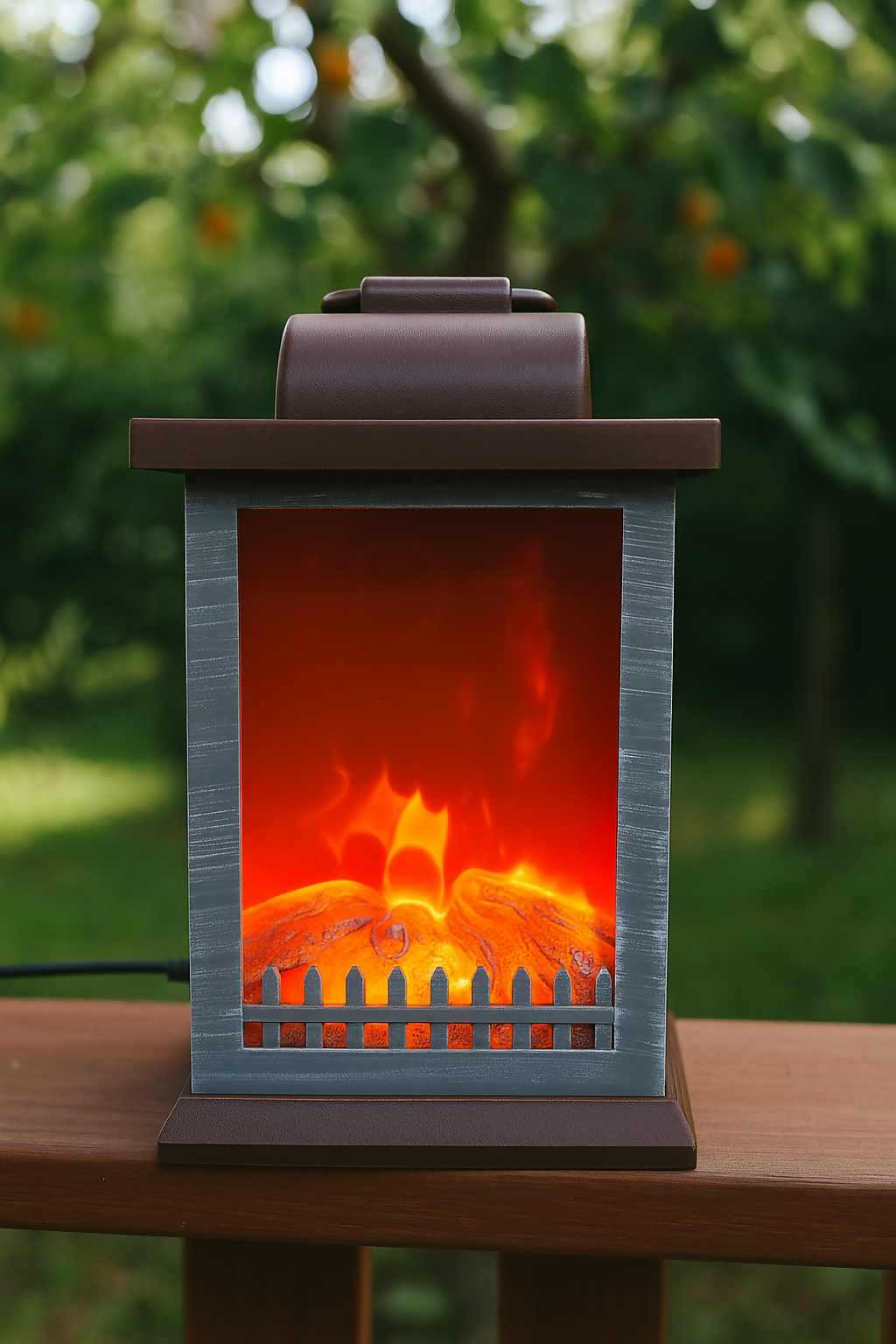 Rustic Brown Electric Lantern Fireplace lamp with Realistic LED Flame and Log Effect – Vintage-Inspired Decorative Tabletop Ambient Lamp for Bedroom, Living Room, or Office Décor