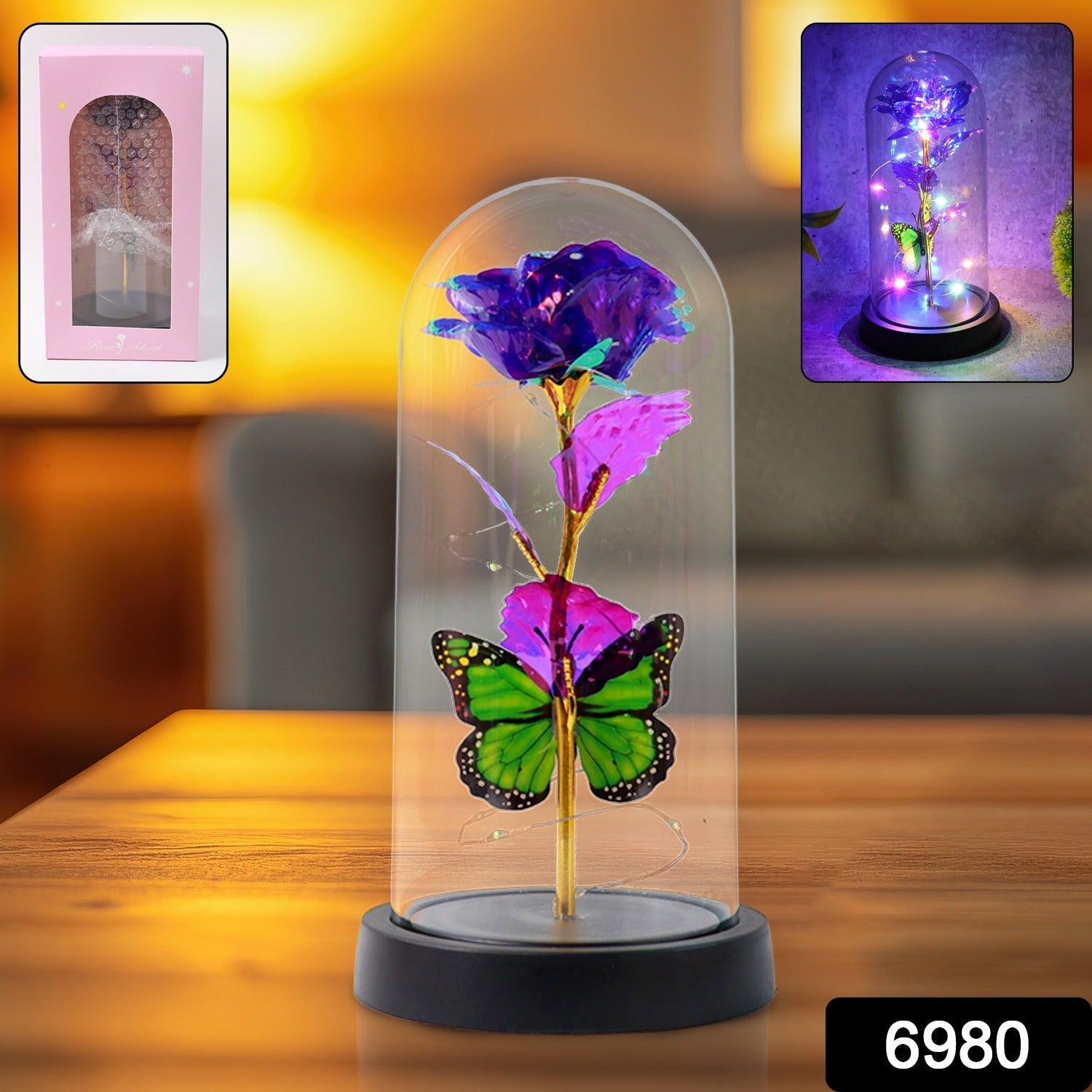 LED Preserved Rose with Colorful Butterfly in Plastic Dome (1 Pc & Mix Color)