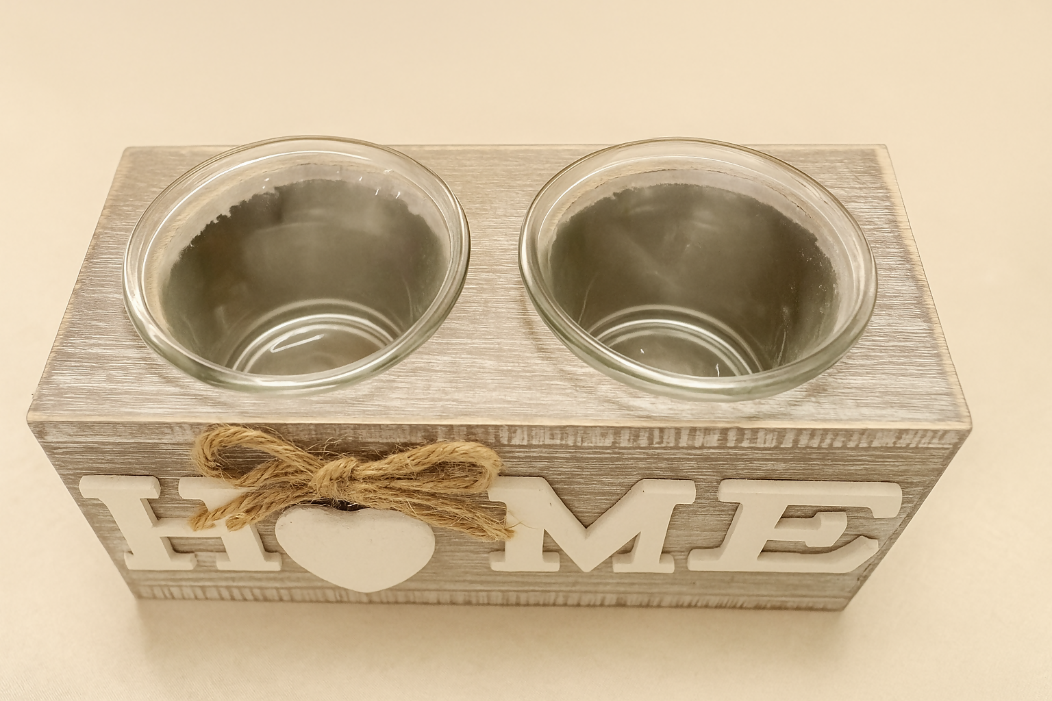 Rustic Wooden 'HOME' Tealight Candle Holder with Glass Cups – Farmhouse Style Decorative Centerpiece with Jute Bow and Heart Accent – Tabletop Decor for Living Room, Entryway, Mantel, or Housewarming Gift 2 candles