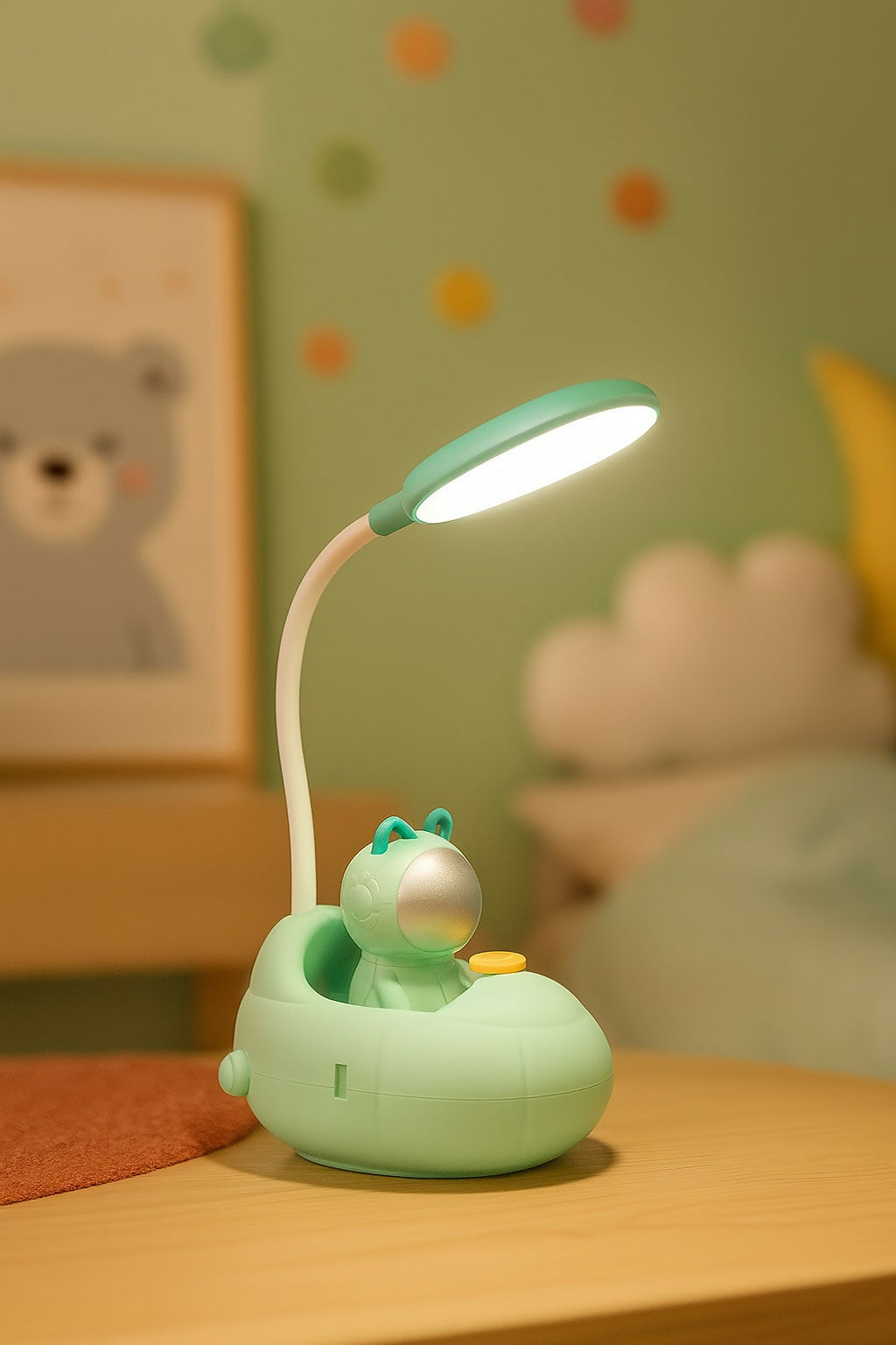 Adorable Spaceship Frog Night Lamp with LED Desk Light – USB Rechargeable, 360° Flexible Hose, Eye-Caring Reading Light for Kids Bedroom, Study Table & Home Décor