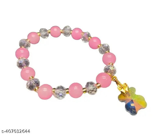 Women's Pink Crystal Healing Beads Bracelet With Hangings