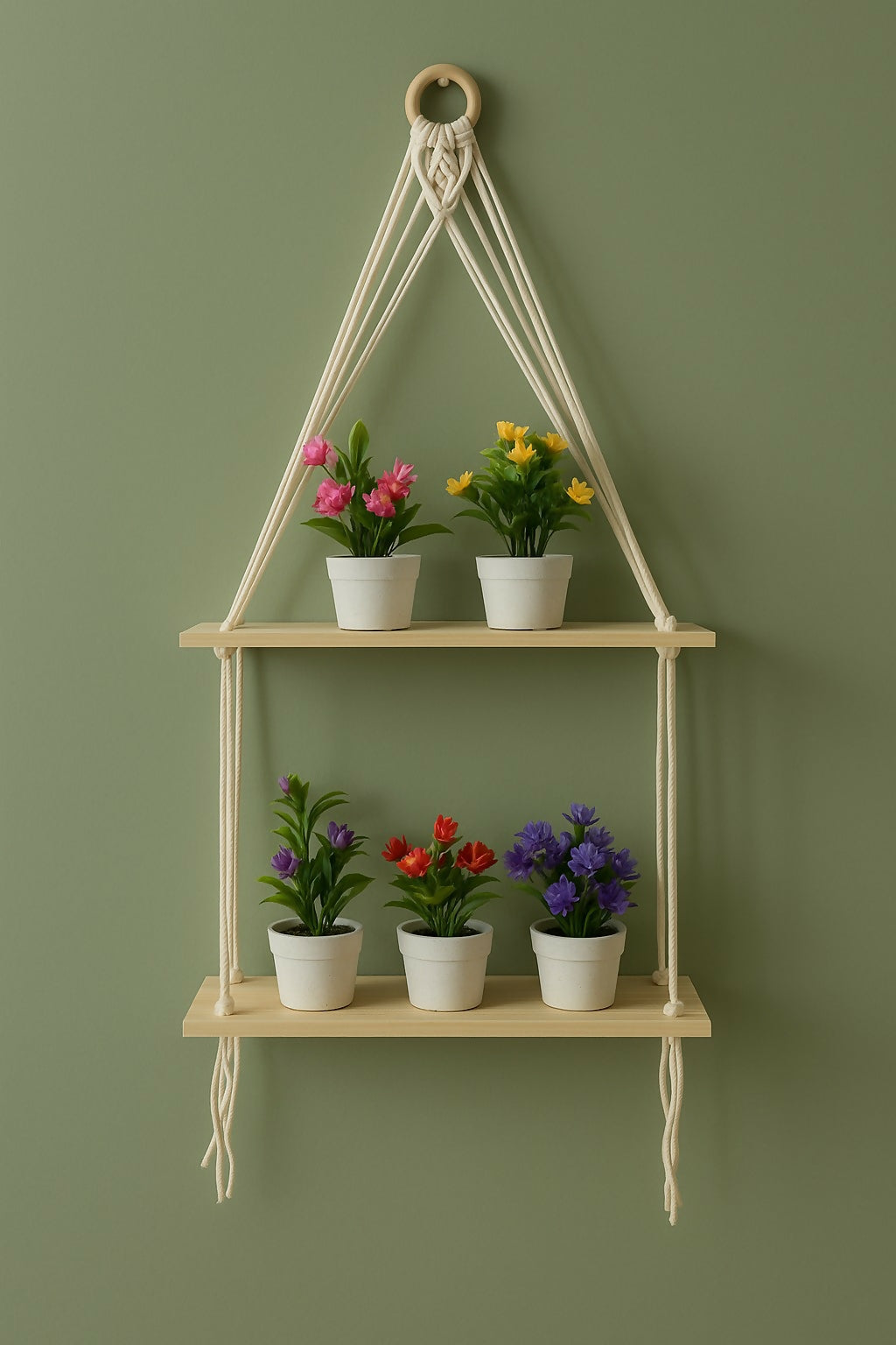 HOME DECOR Handcrafted 2-Tier Macrame Hanging Shelf with 5 Artificial Bonsai Plants – Boho Wall Mounted Wooden Rope Planter for Balcony, Living Room, Garden & Indoor Home Décor