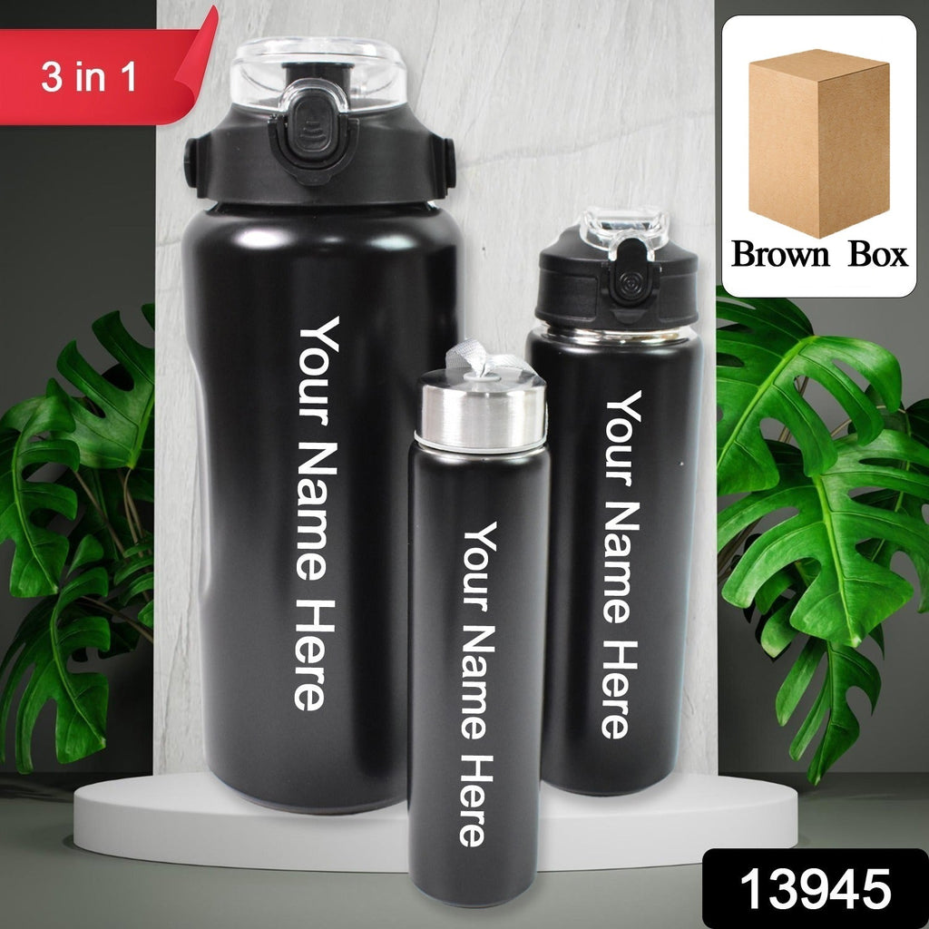 Customized / Personalized 3 In 1 Stainless Steel Insulated Water Bottle, Double Wall Vacuum (3 Pcs Set / Different Size)