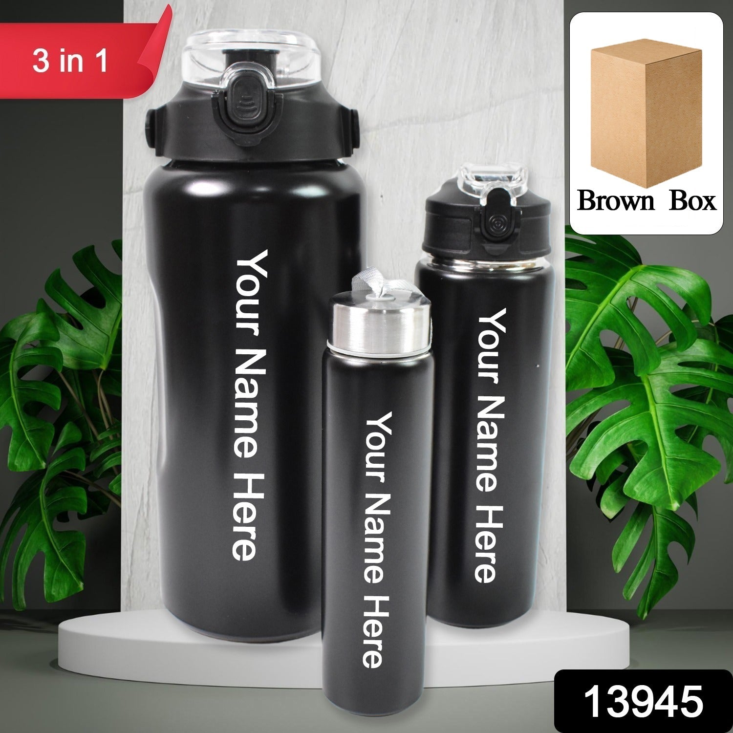 Customized / Personalized 3 In 1 Stainless Steel Insulated Water Bottle, Double Wall Vacuum (3 Pcs Set / Different Size)