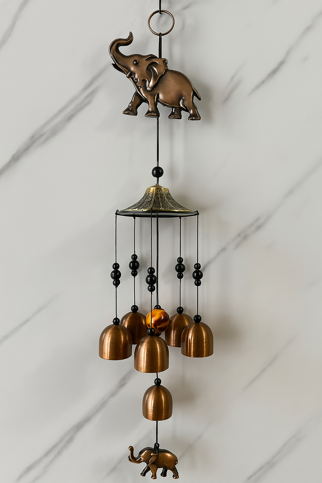 Vintage Elephant Design Brass Bell Wind Chime for Home Décor – 9 Hanging Bells with Dome Top, Lucky Elephant Charms & Soothing Tones – Perfect for Balcony, Garden, Living Room, or Vastu & Feng Shui Gift