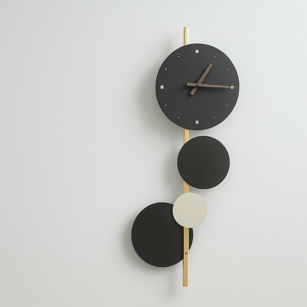 HOME DECOR Luxury Modern Geometric Wall Clock with Black and Gold Minimalist Circles – Vertical Designer Wall Clock for Bedroom, Living Room, Office & Hallway – Silent Non-Ticking Quartz Movement