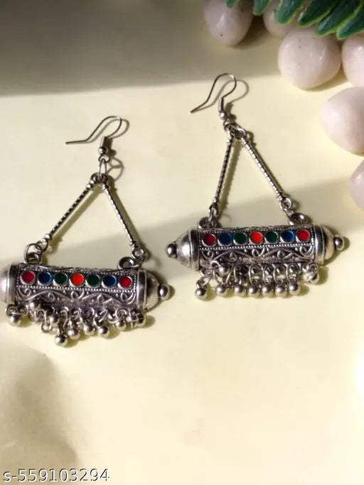 Oxidised Silverplated Long Jumka style Erring With Multicolored Stones