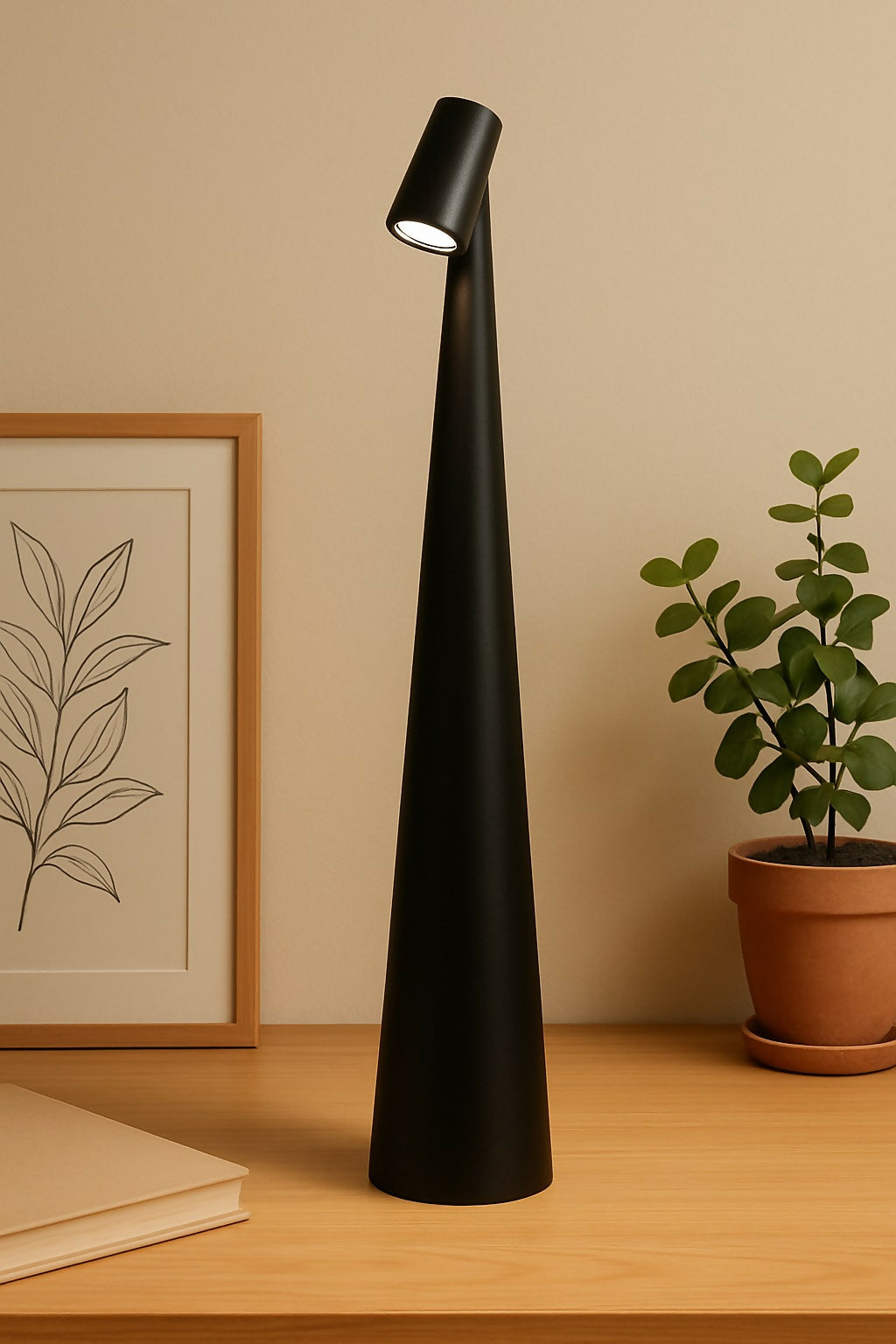 Sleek Black Rechargeable LED Desk Lamp with Touch Control – 34.5cm Modern ABS Table Lamp with USB Type-C Charging Port, Non-Slip Base, and Minimalist Design – Ideal for Home, Office, and Study Use