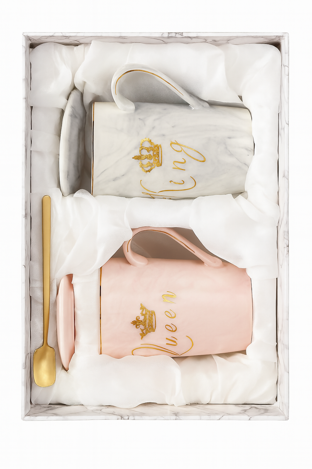 King & Queen Coffee Mug Set with Lids & Spoons | Marble Ceramic Cups for Couples | Luxury Gold Crown Print Tea & Coffee Mug Gift Set for Anniversary, Wedding, Valentine’s Day, Husband & Wife