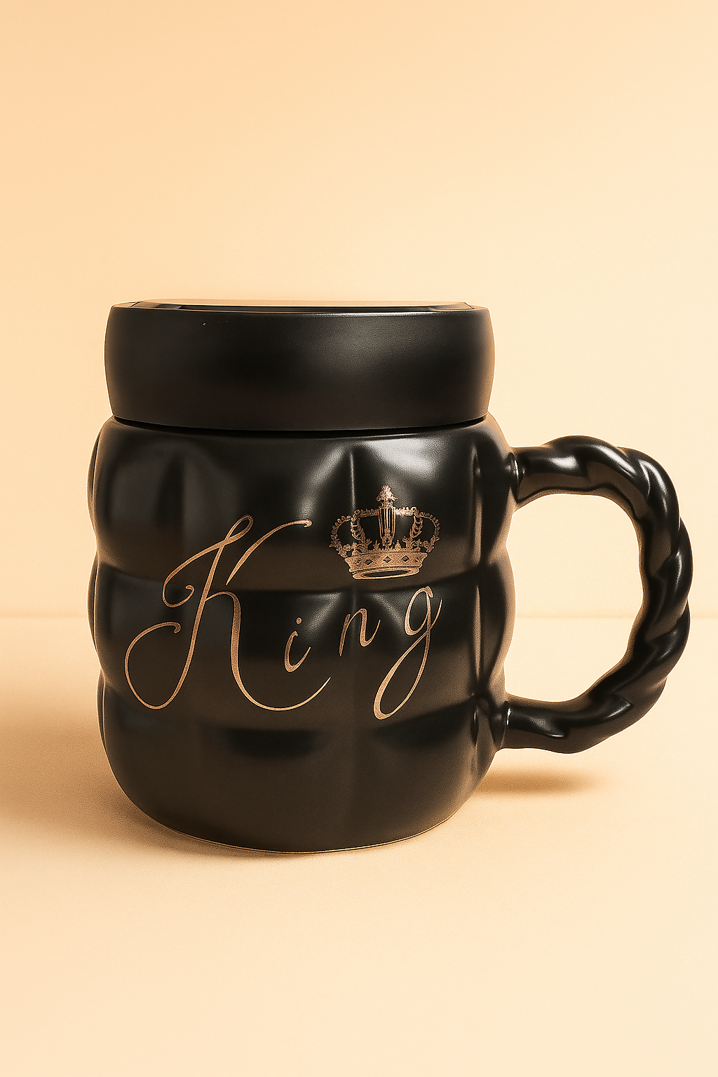Luxury Black Ceramic "King" Mug with Crown Design and Mirror Lid – Premium Matte Finish Coffee Mug for Men, Gift for Husband, Boyfriend, Brother