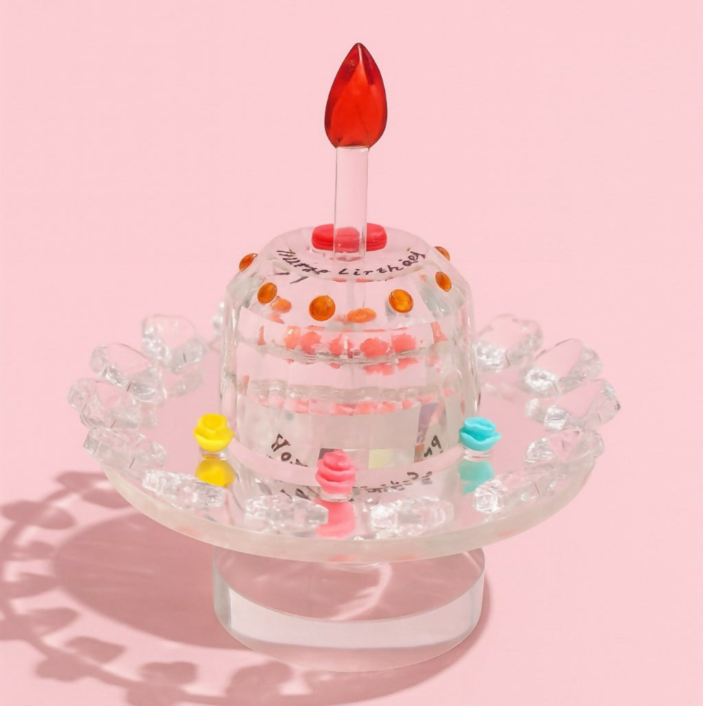 Crystal Birthday Cake Showpiece with Red Flame, Colorful Embellishments & Pedestal Base – Decorative Gift Item for Birthdays & Table Decor