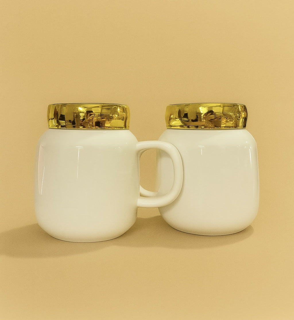 King and Queen Ceramic Mug Set with Golden Lids – White Couple Coffee Mugs in Gift Box – Romantic His and Her Tea Cups – Premium Fishon Ceramics Matching Gift Set