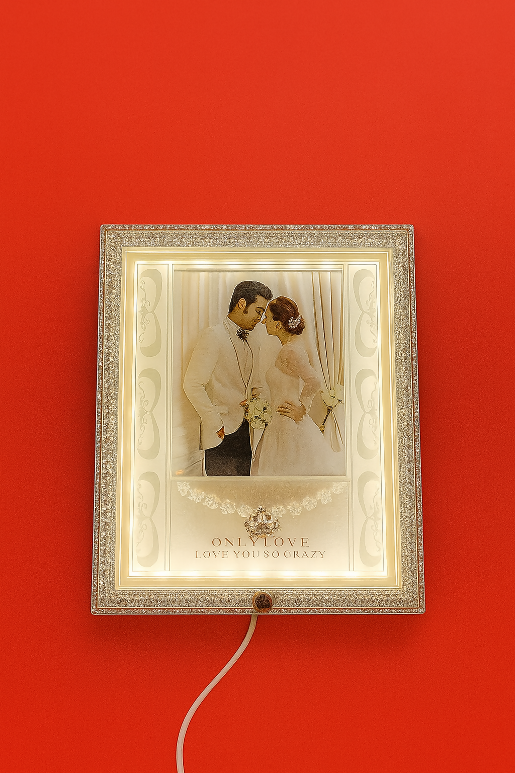 Square White LED Wedding Photo Frame | Elegant Crystal Design with Glowing White Lights | 4x6 Inch Couple Picture Frame | Romantic Gift for Wedding, Anniversary, Valentine’s Day & Home Decoration