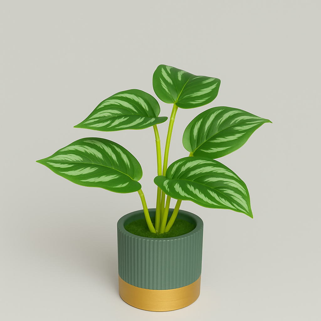 Artificial Monstera Plant in Premium Ribbed Ceramic Pot with Golden Base | Small Faux Indoor Desk Plant for Home, Office, Bedroom & Table Décor