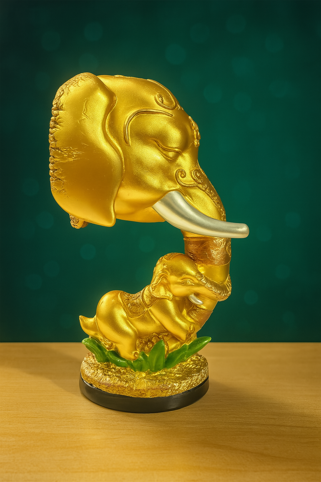 HOME DECOR Handcrafted Golden Lord Ganesha Elephant Head Idol with Baby Elephant Figurine