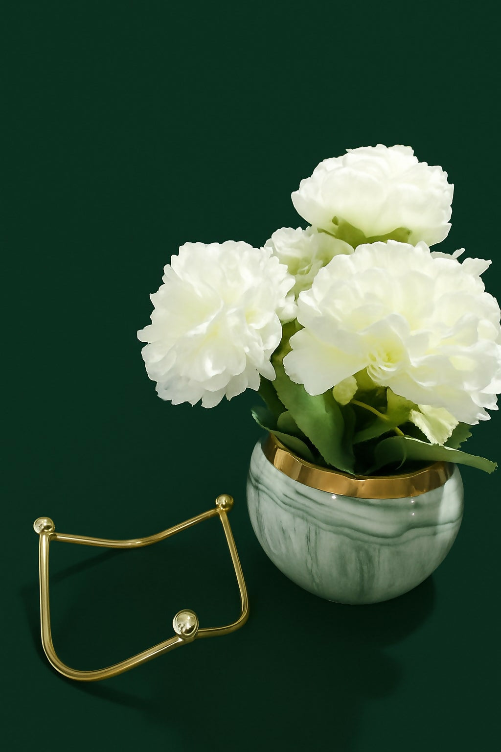 Luxury Artificial White Peony Flower Arrangement in Marble Finish Ceramic Pot with Gold Rim – Elegant Home Décor Table Centerpiece with Metal Stand for Living Room, Office, and Gifting