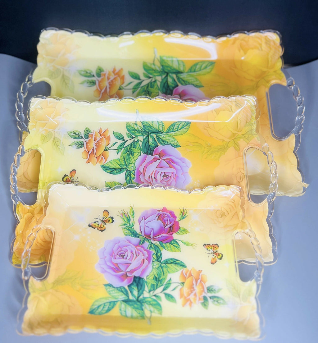 Floral Design Multipurpose Plastic Serving Tray Set – Pack of 3 (Yellow with Roses)