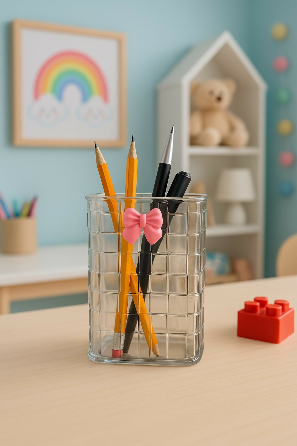 Clear Glass Pen Holder with Decorative Bow | Stylish Desk Organizer for Pencils, Pens, Brushes & Office Supplies | Modern Stationery Holder for Home, Office, Kids’ Study Table & Gift Use