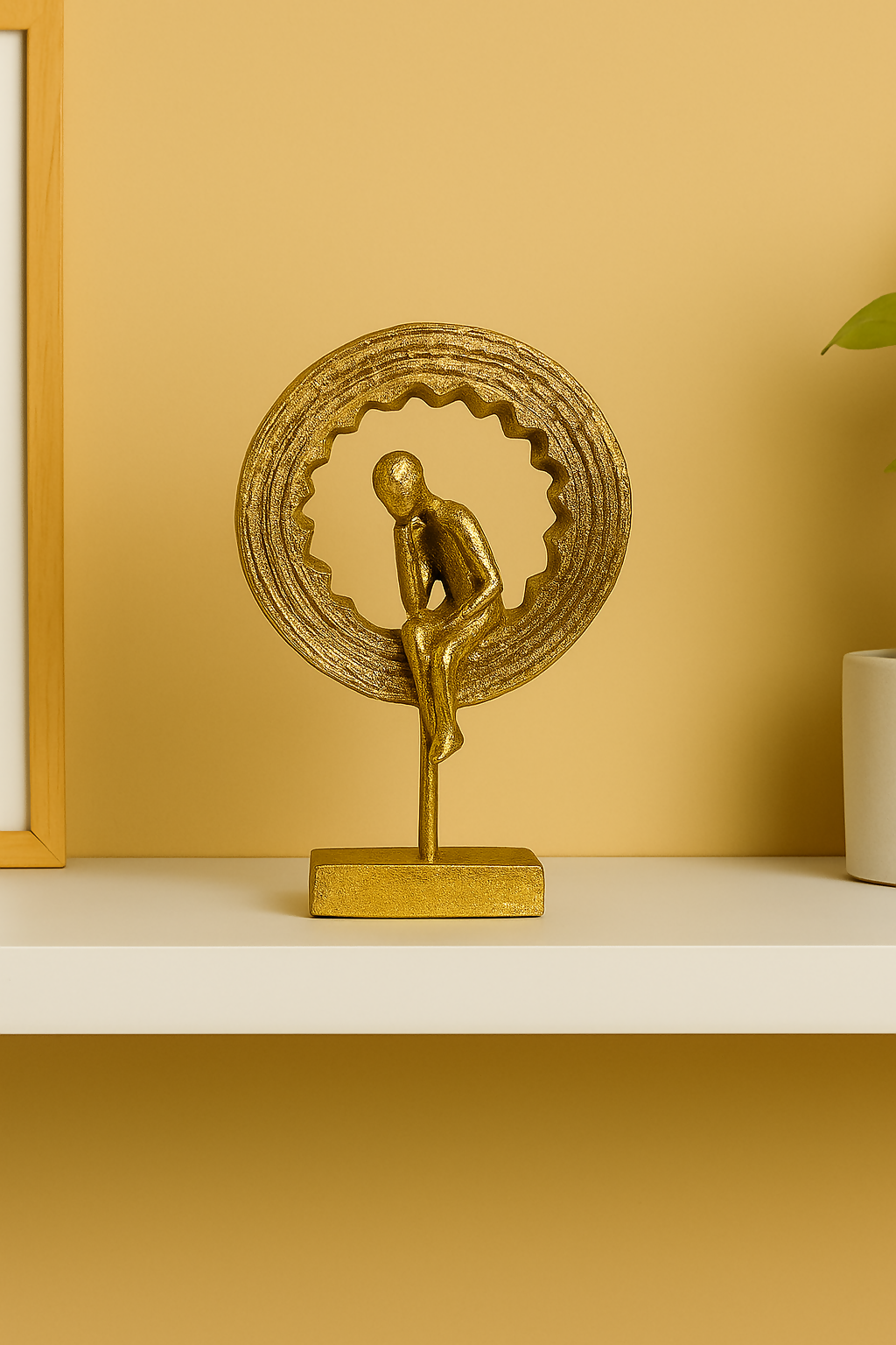 HOME DECOR Modern Abstract Golden Resin Thinking Man Sculpture | Minimalist Decorative Showpiece for Home, Office, Study Table, or Bookshelf – Thoughtful Human Figure Inside Circular Ring