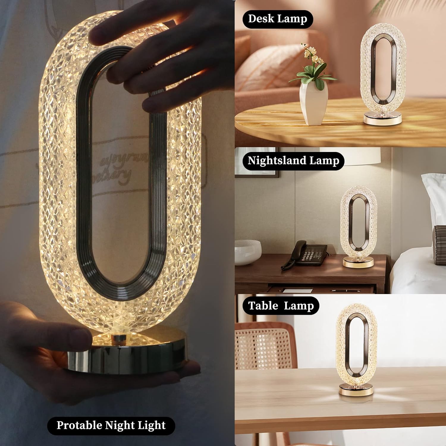 Touch Control Crystal Table Desk Lamp, 3-Way Dimmable Light, USB Rechargeable Crystal Diamond Table Lamp, Exquisite Night Stand Light Lamp Beside Lamp for Bedroom Living Room, Decorative Desk Lamp, Diwali