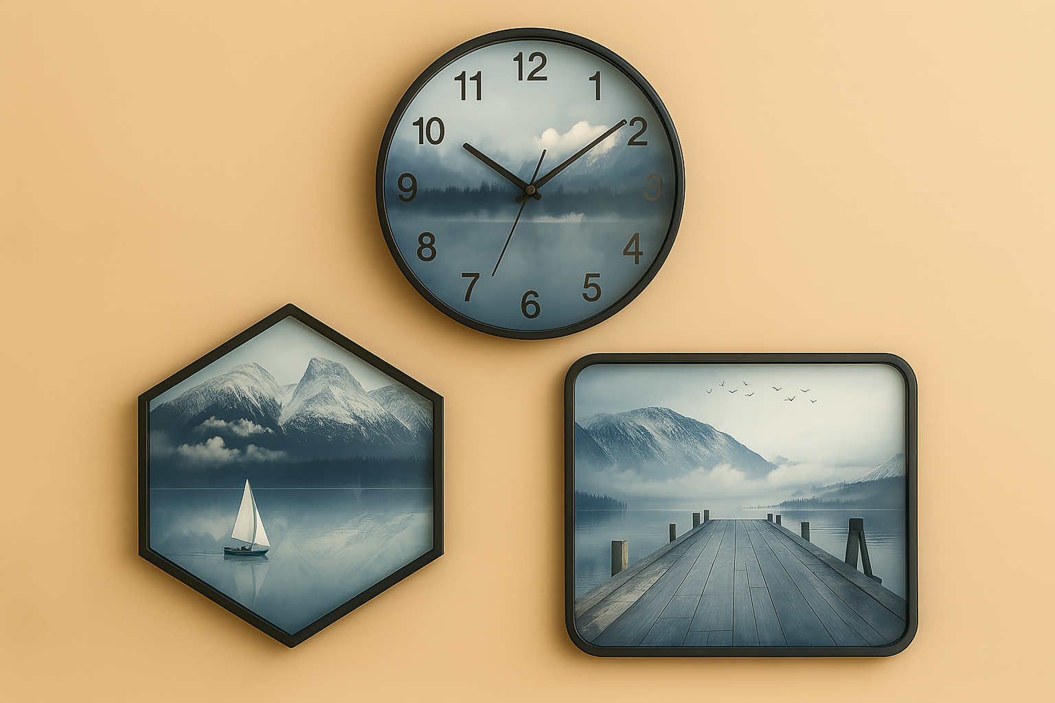 HOME DECOR Premium 3-Piece Mountain Landscape Wall Decor Set with Round Silent Clock | Nordic Style Wall Art Featuring Nature Prints – Ideal for Living Room, Bedroom, Office & Home Decor | Sailboat, Dock & Lake Scenery