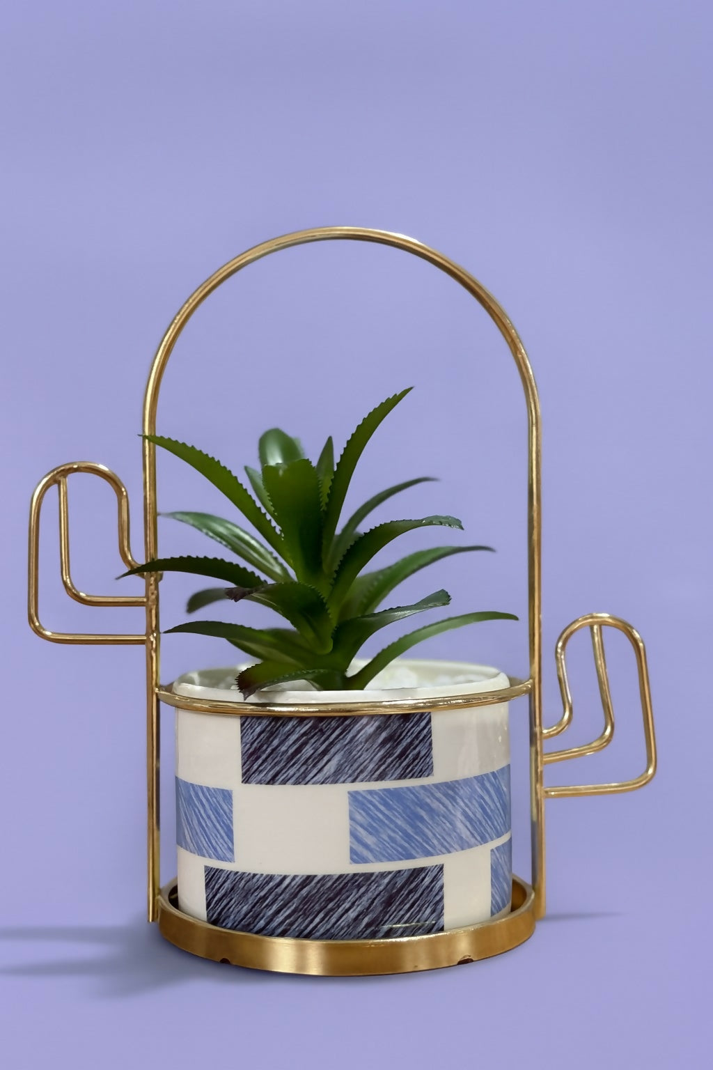 Modern Geometric Ceramic Planter with Artificial Aloe Vera Plant and Gold Metal Stand – Decorative Indoor Pot for Home, Office, and Gift Use