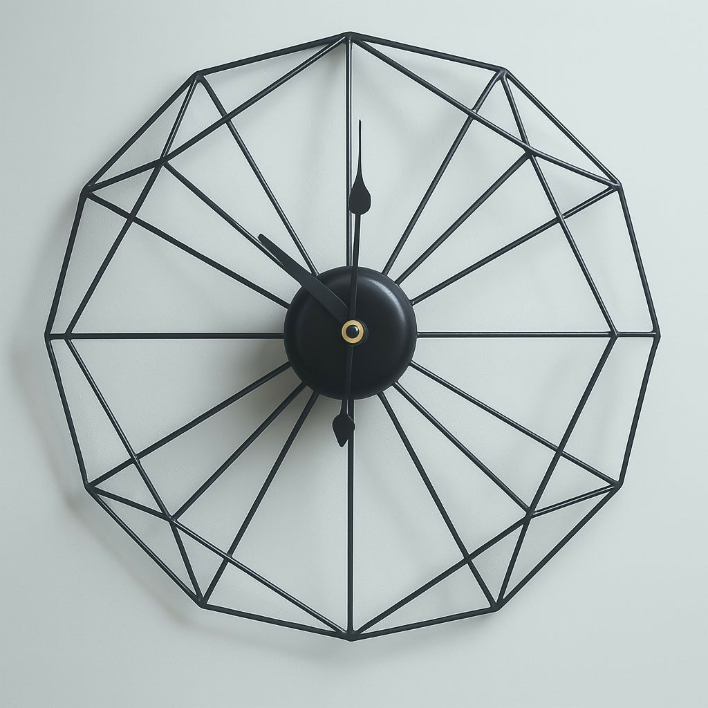 HOME DECOR Geometric Metal Wall Clock in Minimalist Black Finish – Large Decorative Open Frame Wall Clock with Unique Spoke Design for Modern Living Room, Office, Bedroom & Cafe Wall Decor
