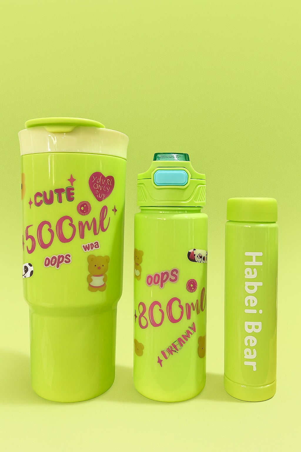 Set of 3 Green Cartoon Water Bottles for Kids – Cute Bear Printed BPA-Free Plastic Bottles with Leak-Proof Flip Lids (1500ml, 800ml, 500ml)