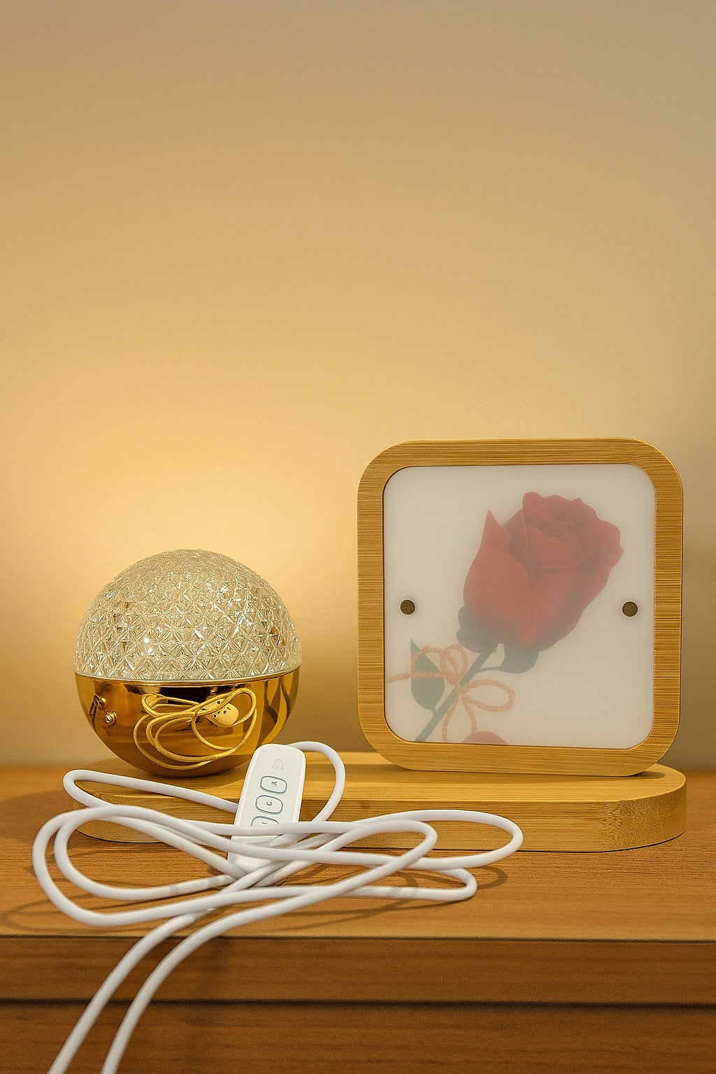 Romantic Rose Print LED Table Lamp with Crystal Globe Light – Wooden Base Decorative Night Lamp for Bedroom, Living Room & Gifting – Elegant Bedside Lamp with Soft Warm Glow