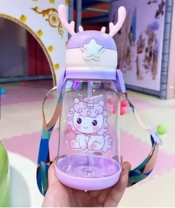 Cartoon Water Bottle for Kids – BPA-Free with Straw, Strap & Antler Cap Cute Sipper Water Bottle with Straw Shoulder Strap Leakproof Deer Design Water Bottle for Students Best Birthday Return Gifts