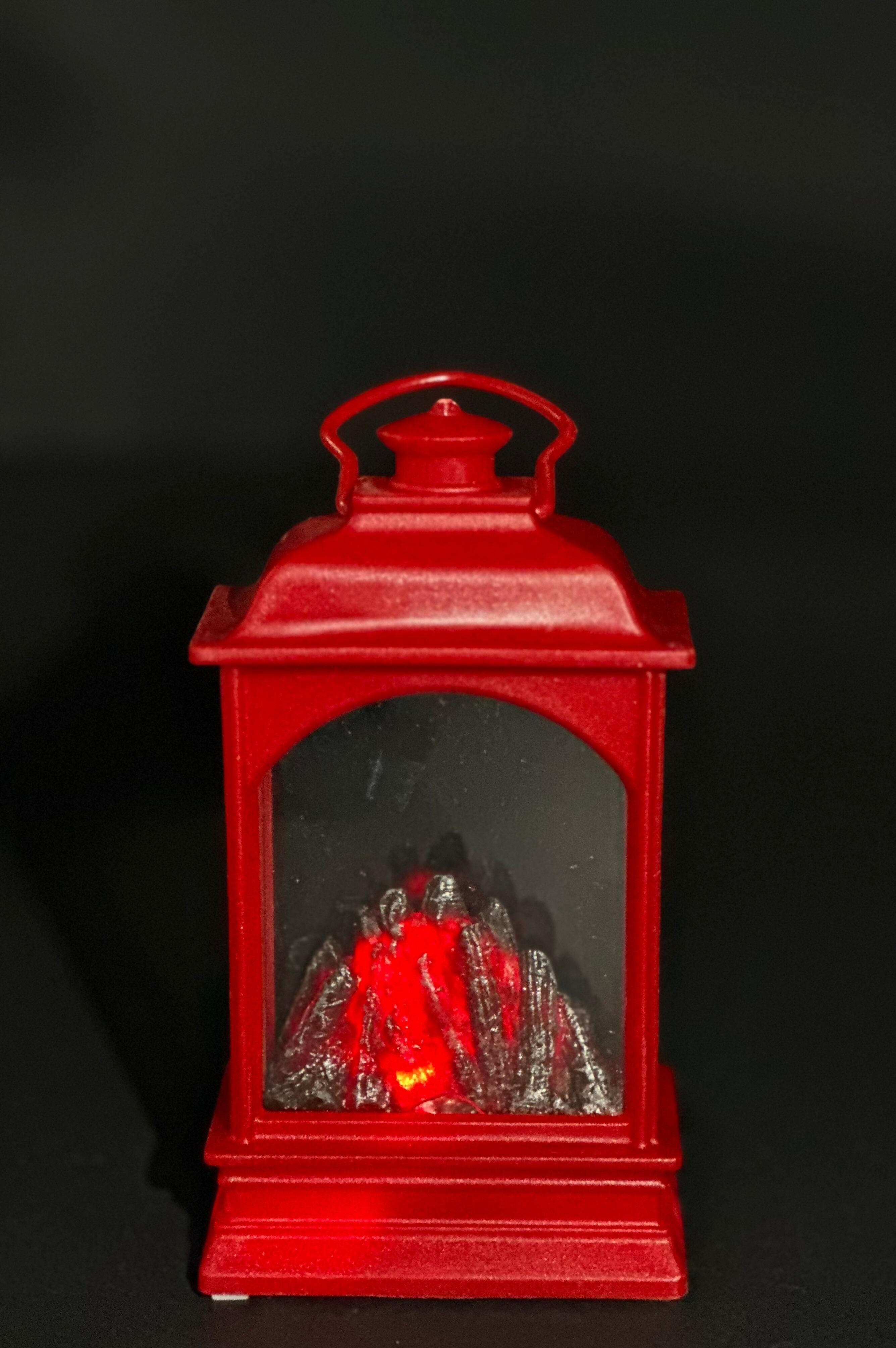 Mini Red Vintage Lantern with Glowing LED Faux Fireplace – Portable Decorative Night Light with Flickering Flame Effect for Home, Bedroom, or Festive Tabletop Decor