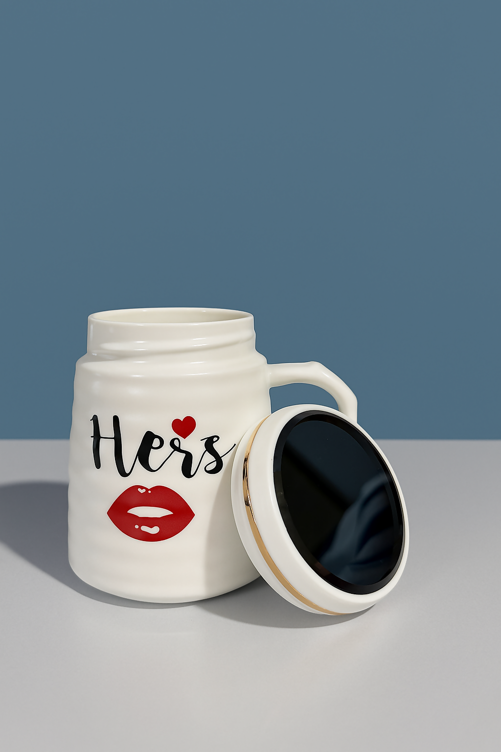 Cute White Ceramic "Hers" Mug with Red Lip Print and Lid – Romantic Coffee Mug with Heart Design for Women – 350 ml Gift for Girlfriend, Wife, or Valentine