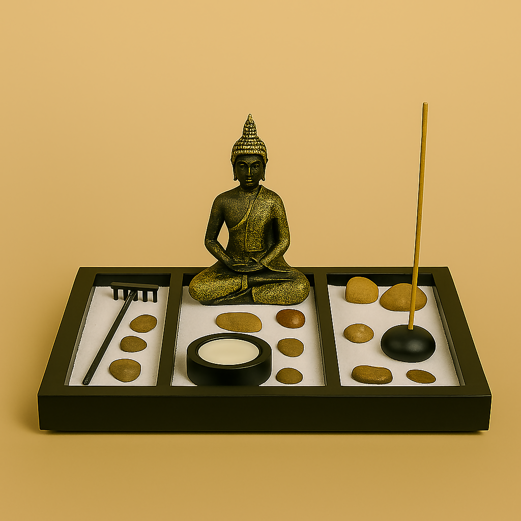 Buddha Zen Garden Kit – 3-Section Meditation Tray with Sand, Rake, Stones, Incense Stand & Tealight Holder – Mindfulness Desk Decor