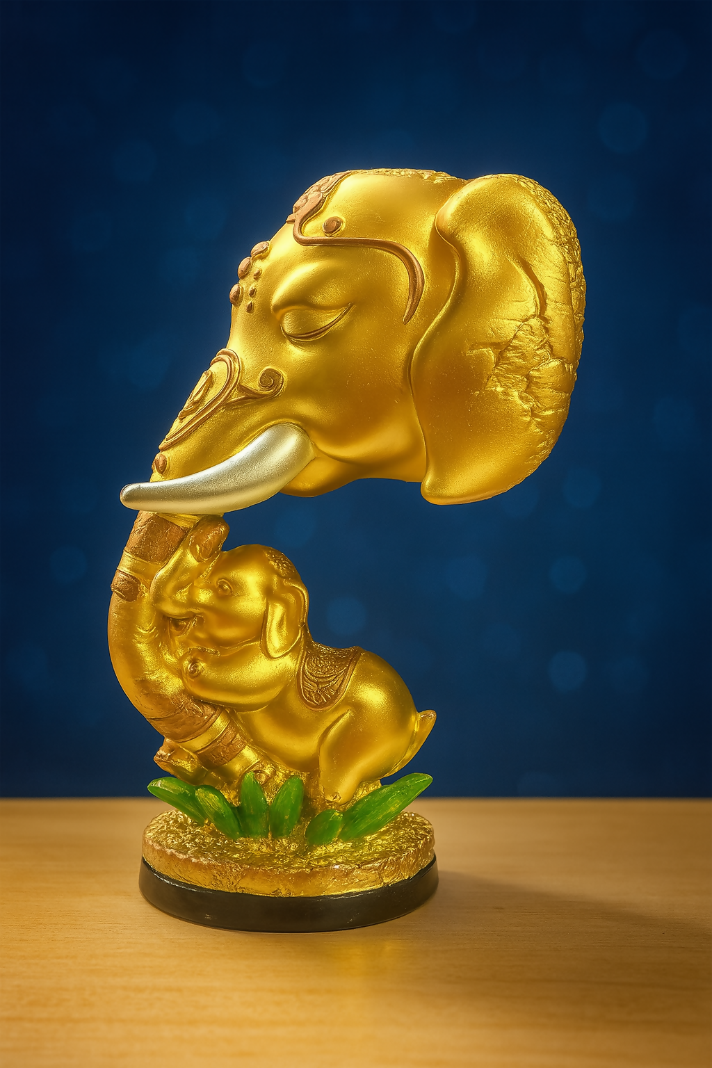 HOME DECOR Handcrafted Golden Lord Ganesha Elephant Head Idol with Baby Elephant Figurine