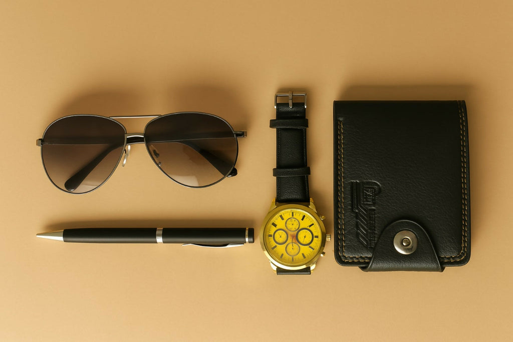 Stylish 4-in-1 Men’s Gift Set with Yellow Dial Watch, Black Wallet, Sunglasses & Metal Pen | Luxury Combo Set for Men in Premium Box – Ideal for Birthday, Anniversary, Festive & Corporate Gifting
