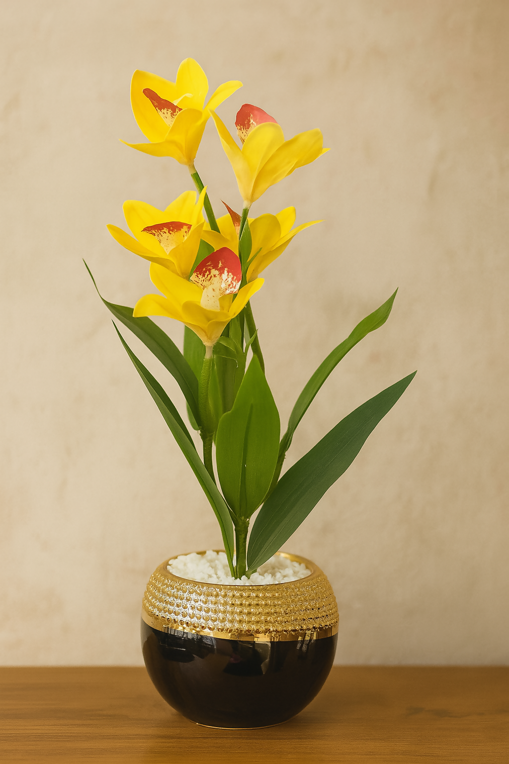 Premium Artificial Yellow Orchid Lily Flower Plant in Glossy Round Pot with Golden Textured Rim – Faux Floral Arrangement with Pebbles for Home, Office & Gifting