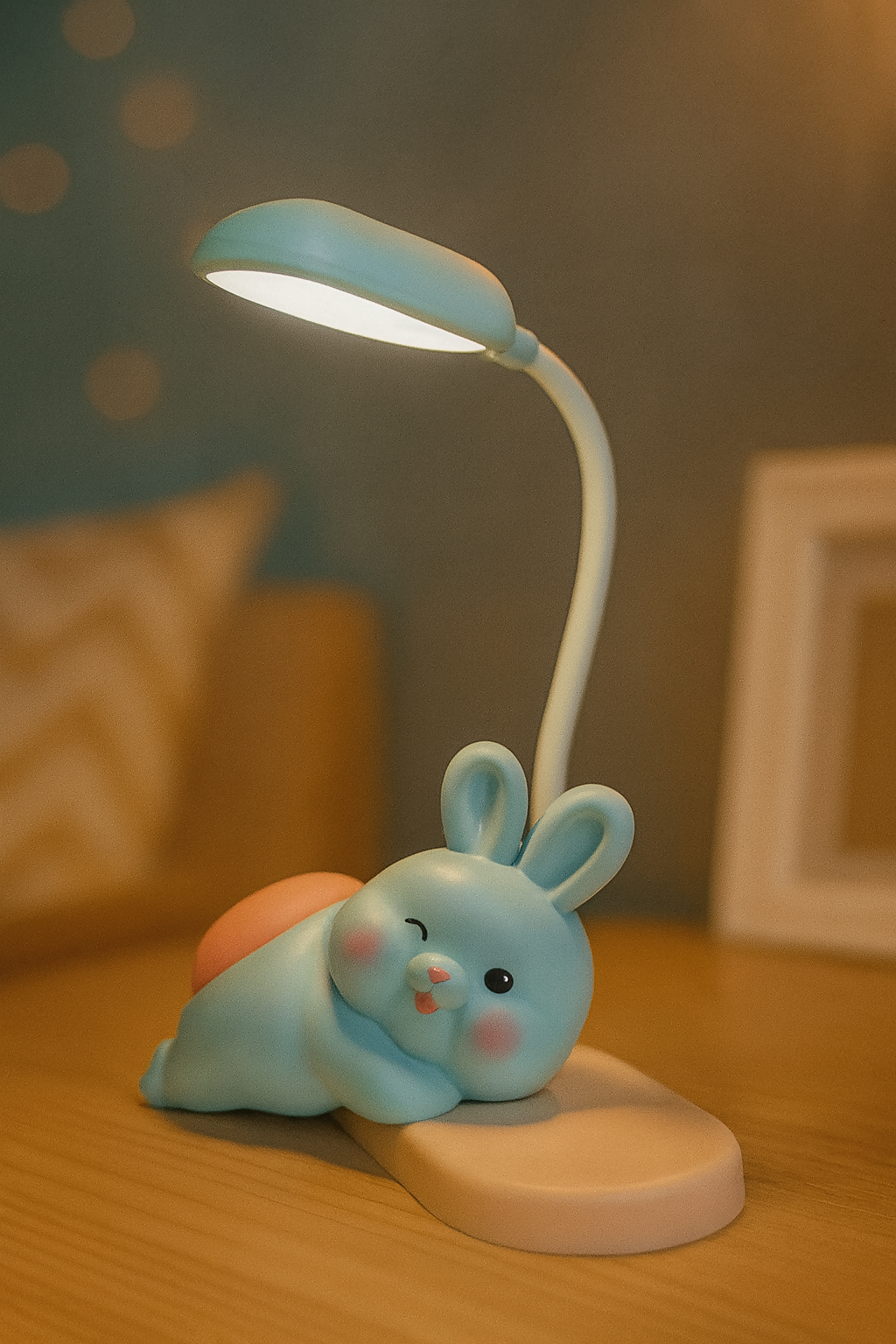 Cute Bunny Night Lamp with LED Desk Light & USB Charging – Flexible Gooseneck, Rechargeable Battery, Soft Eye-Caring Light for Kids, Bedroom, Study Table & Home Décor