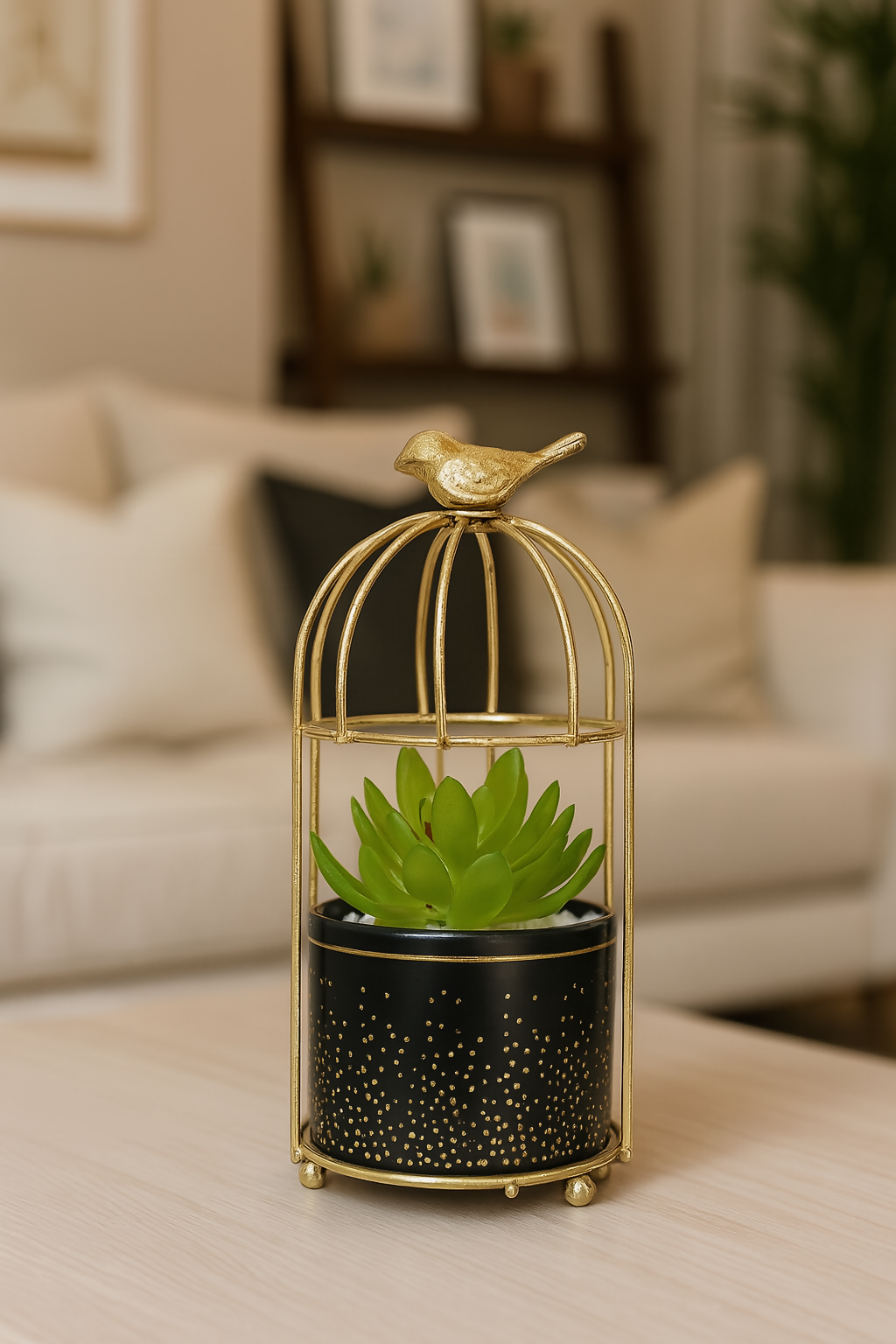 Luxury Black Ceramic Pot with Artificial Succulent in Gold Bird Cage Stand | Modern Home & Office Tabletop Decor | Decorative Planter Gift for Housewarming, Diwali, and Festivals