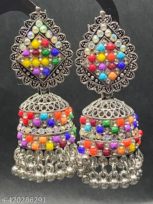 Oxidised Solver Multicolored Stones Brass Jhumka for Women's & Girls