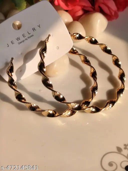 Stainless Steel Gold Plated Twisting Designed Big Hoop Earrings