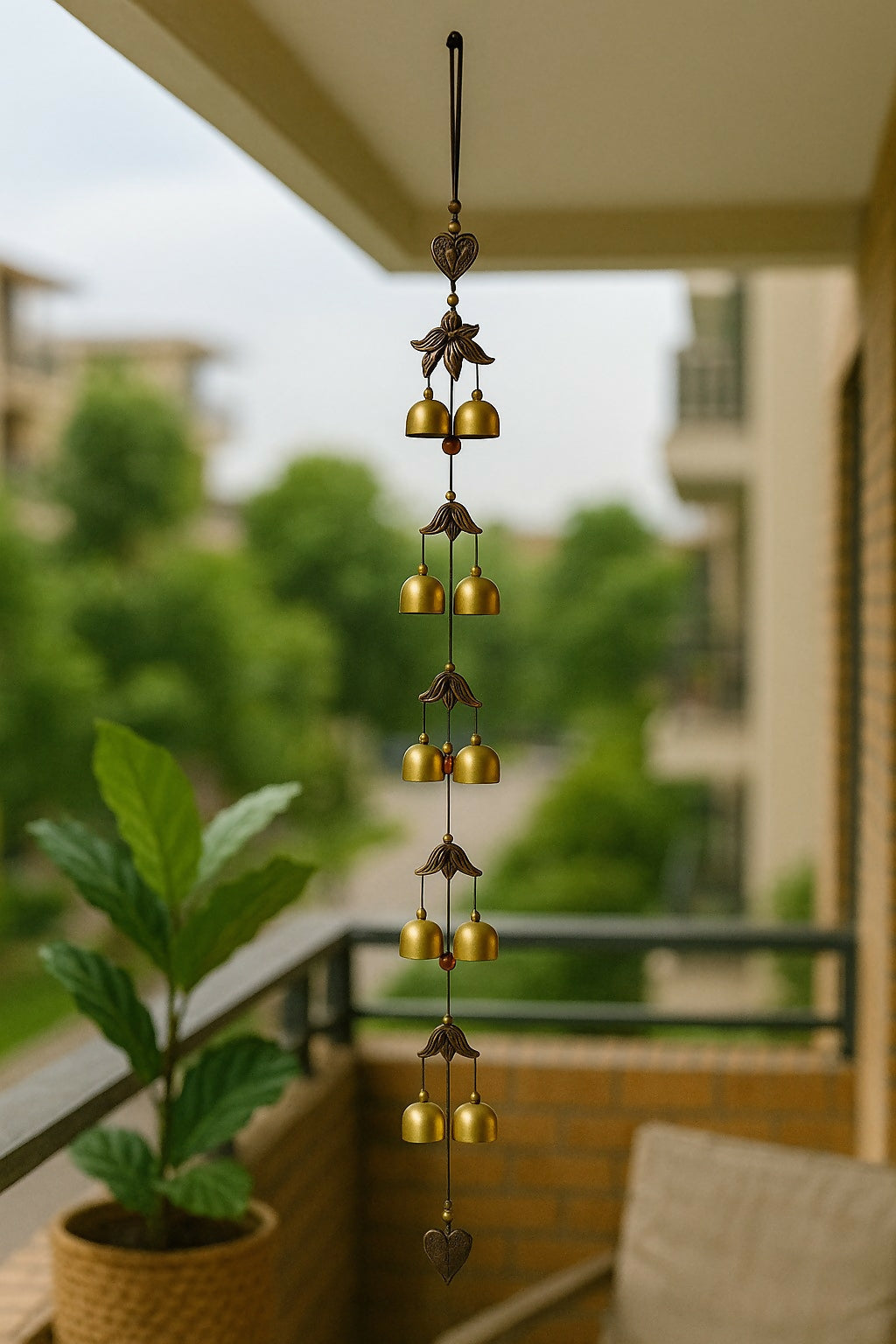 Handcrafted Brass Bell Wind Chime with Ethnic Leaf & Heart Motifs – Rustic Hanging Wind Bell for Home, Balcony, Garden, Door, Office & Spiritual Corners – 5 Tier Metal Chime for Positive Energy & Sound Therapy