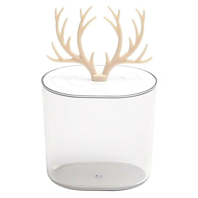 Clear Plastic Storage Jar with Decorative Antler Lid – Cute and Modern Countertop Container for Cotton Pads, Makeup Sponges, Jewelry, Snacks, or Bathroom Essentials – Stylish Home Organizer (Transparent)