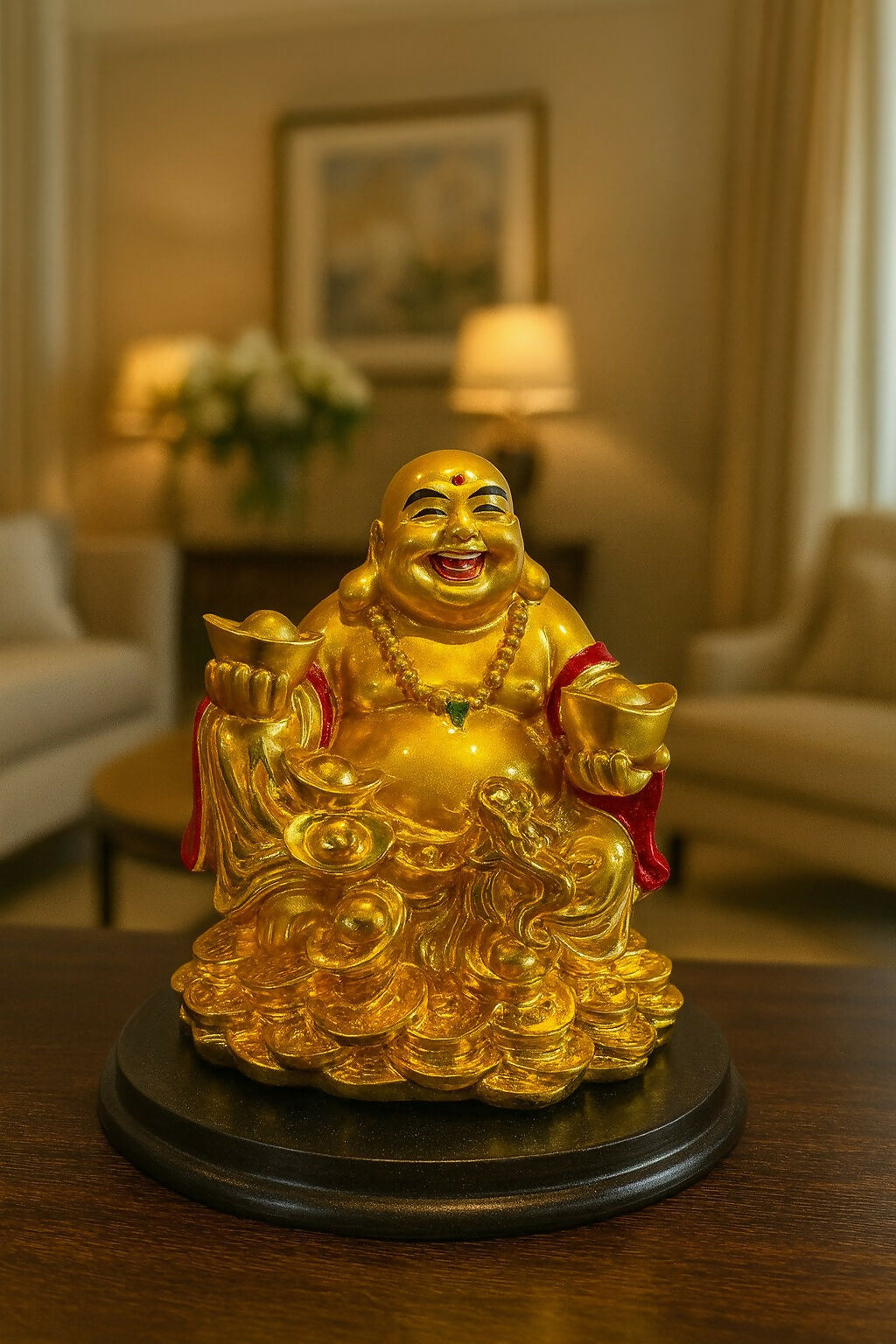 Golden Laughing Buddha Idol Sitting on Gold Coins – Resin Feng Shui Statue for Wealth, Abundance & Positivity – Multicolor Smiling Buddha Showpiece for Home, Office & Shop Entrance Décor