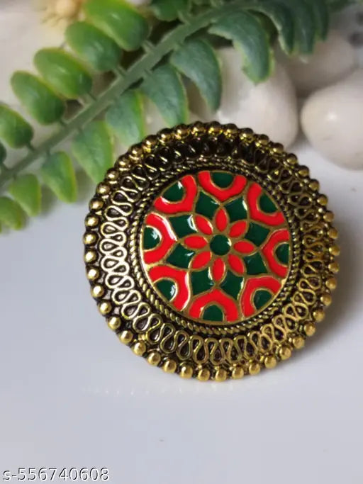 Goldplaated Oxidised Adjustable Big Finger Ring With Red and Green work