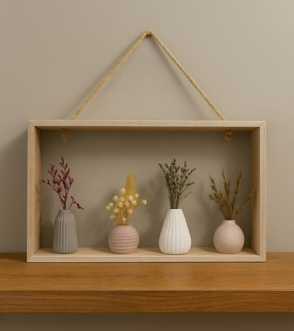 Rustic Wooden Frame Mini Vase Set with Dried Flowers – 4 Ceramic Vases in Pastel Colors for Home Décor, Table Centerpiece, Shelf Display & Gift Decoration