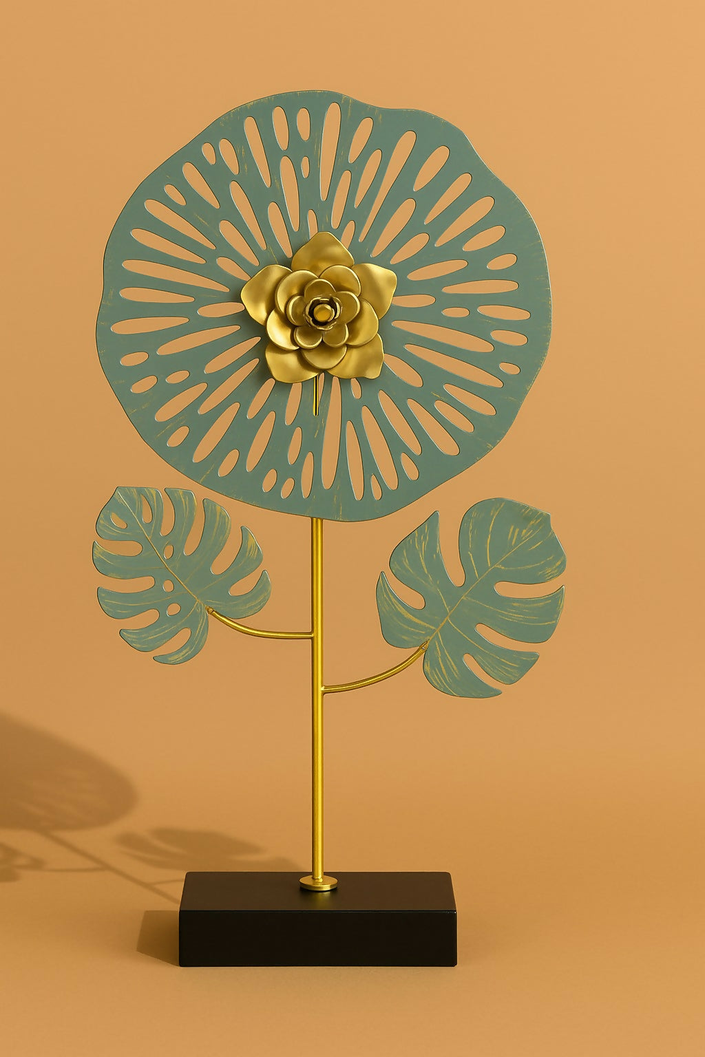 HOME DECOR Handcrafted Metal Flower Table Decor with Abstract Leaf Design – Golden Floral Art Sculpture on Black Base – Modern Home & Office Desktop Showpiece for Living Room, Hall, Reception & Gifting