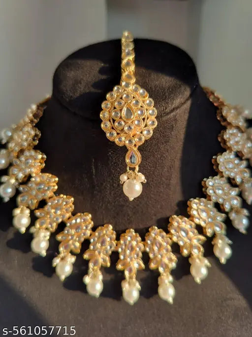 Goldplated Wedding And Festivewear Necklace Jumka And Mangtika Set With Pearlwork