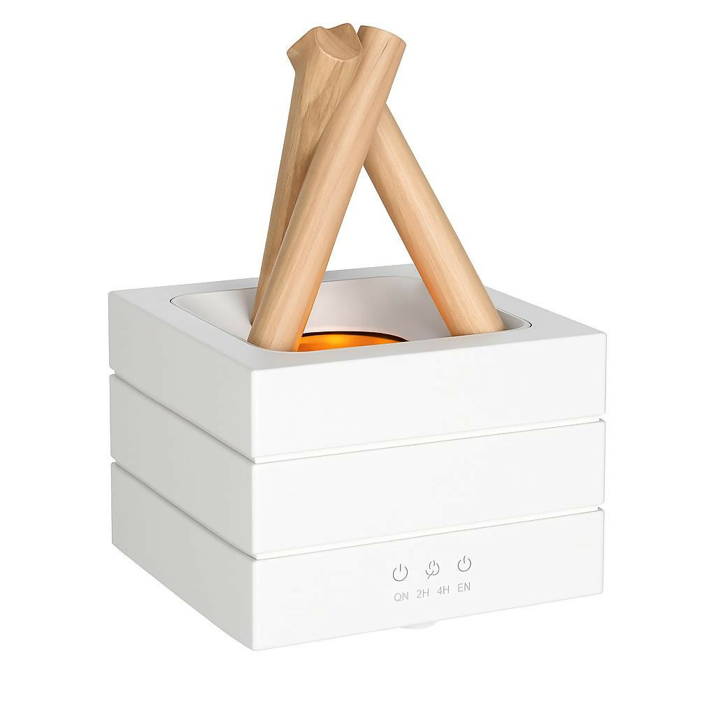 HOME DECOR White Square Campfire Style Flame Aroma Diffuser with Wooden Log Design – 280ml Ultrasonic Essential Oil Diffuser & Humidifier with Colorful Lights, Timer Settings & Auto Shut-Off