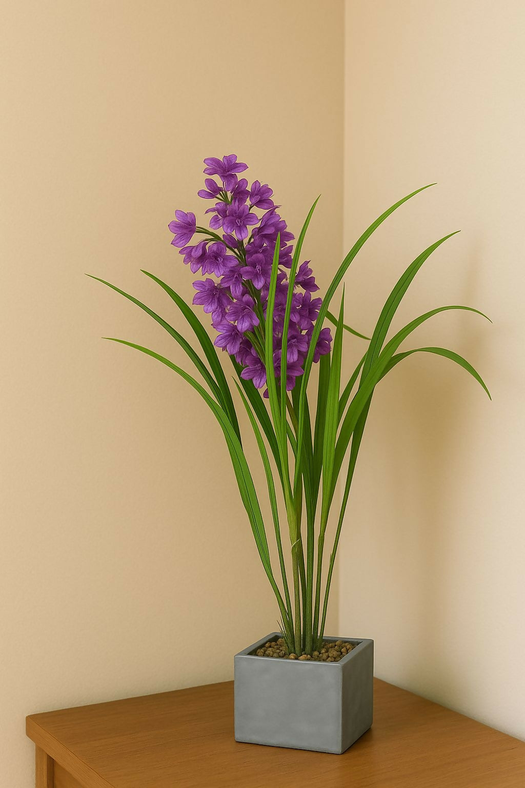 HOME DECOR Artificial Pink Flower Plant with Green Leaves in Grey Pot – Realistic Faux Floral Arrangement for Home, Office, Tabletop & Gifting – Decorative Indoor Plant for Modern Interiors